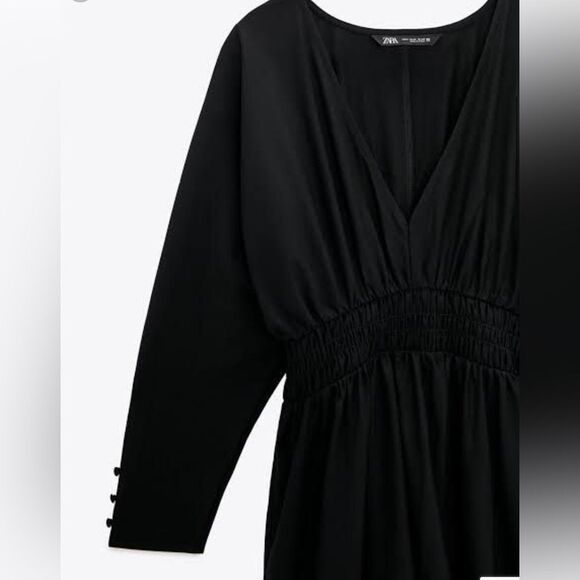 Zara Long Sleeve Black V Neck Midi Dress Small - Picture 2 of 6